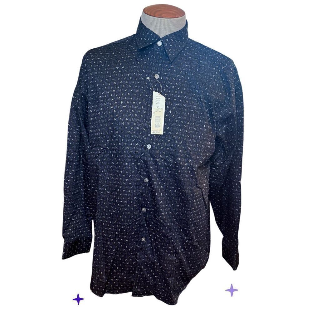 New!  Perry Ellis Men’s Button Front Casual Shirt Sz. M Navy Blue Geometric Prin